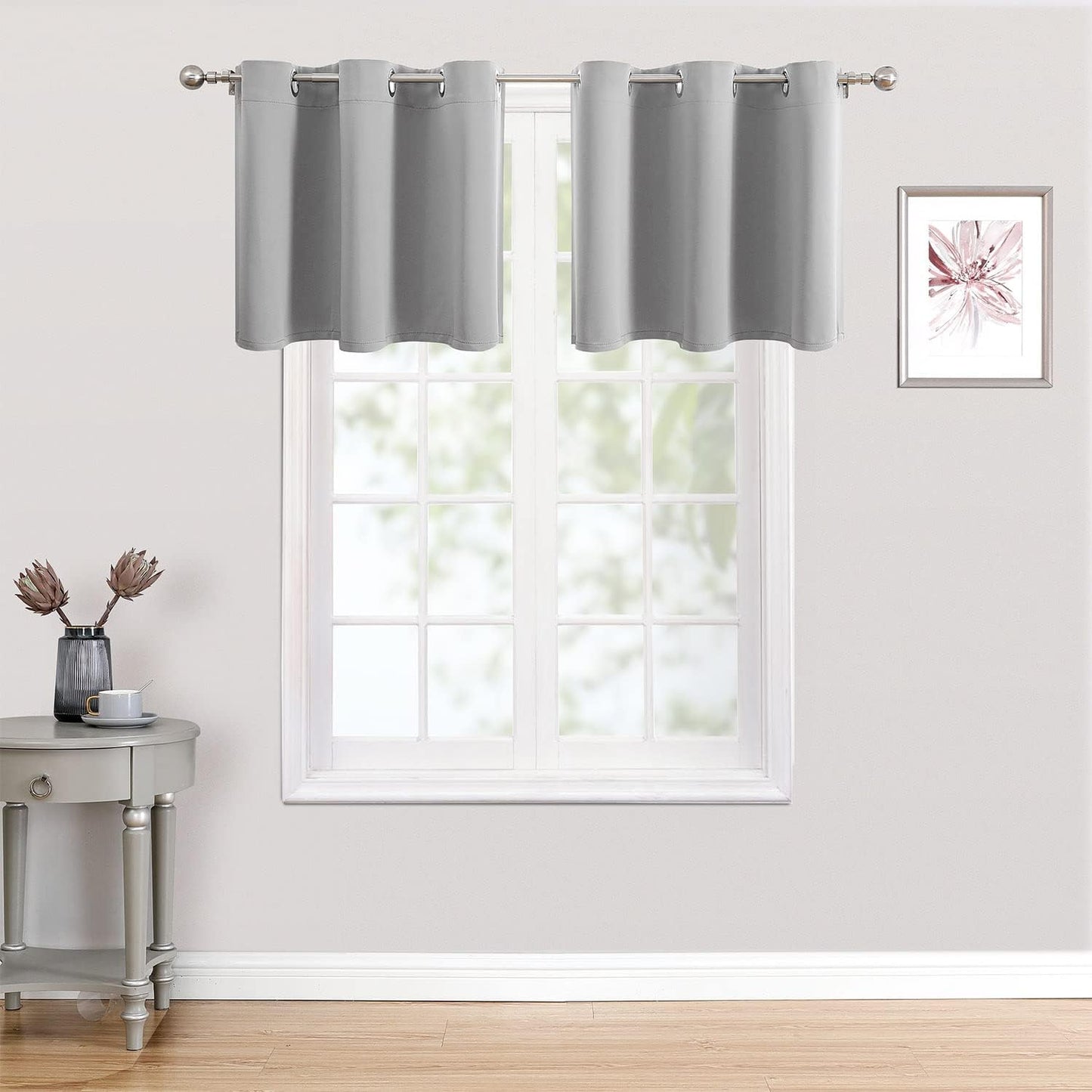ChrisDowa Small Kitchen Valances for Windows - Grommet Short Thermal Insulated Room Darkening Window Valances Curtains for Living Room (2 Panels, Light Grey, 52 x 18 Inch)