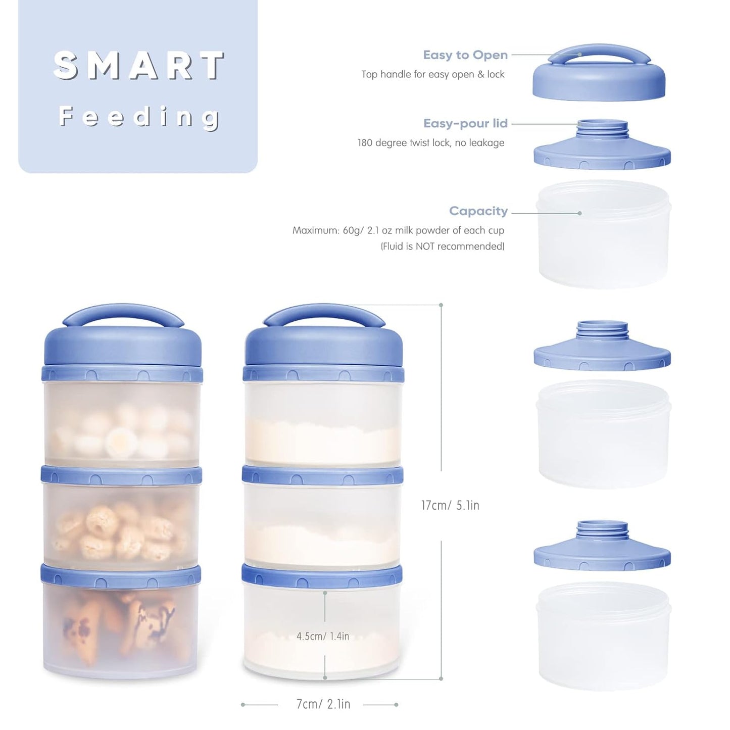 Termichy Stackable Formula Dispenser Portable Milk Powder Container, 2 Pack, Blue