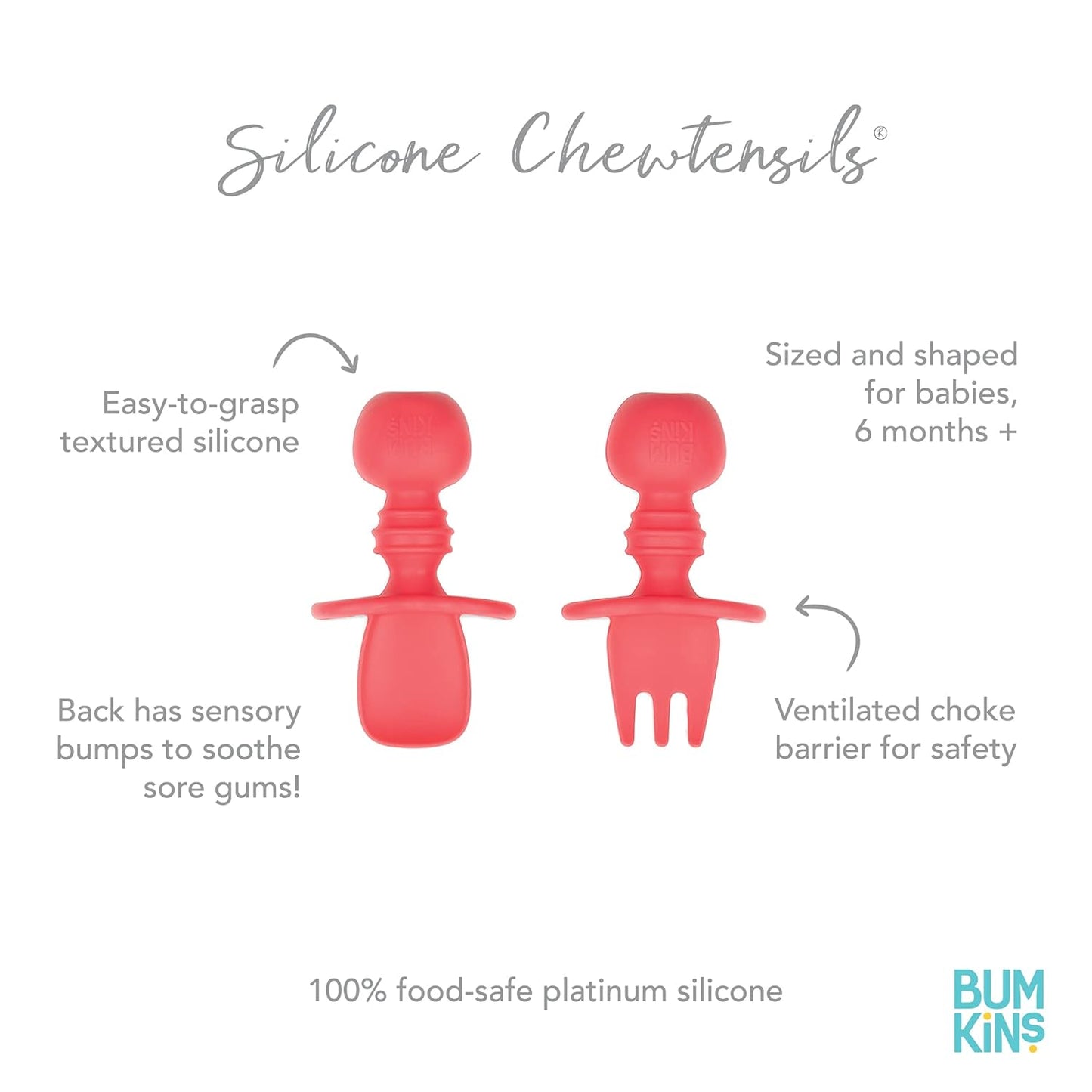 Bumkins Baby Utensils Set, Chewtensils Silicone Spoons for Dipping, Self-Feeding, Baby Led Weaning, Trainer Learning, First Stage Eating, Soft Practice Fork and Spoon, Babies 6 Months, Red