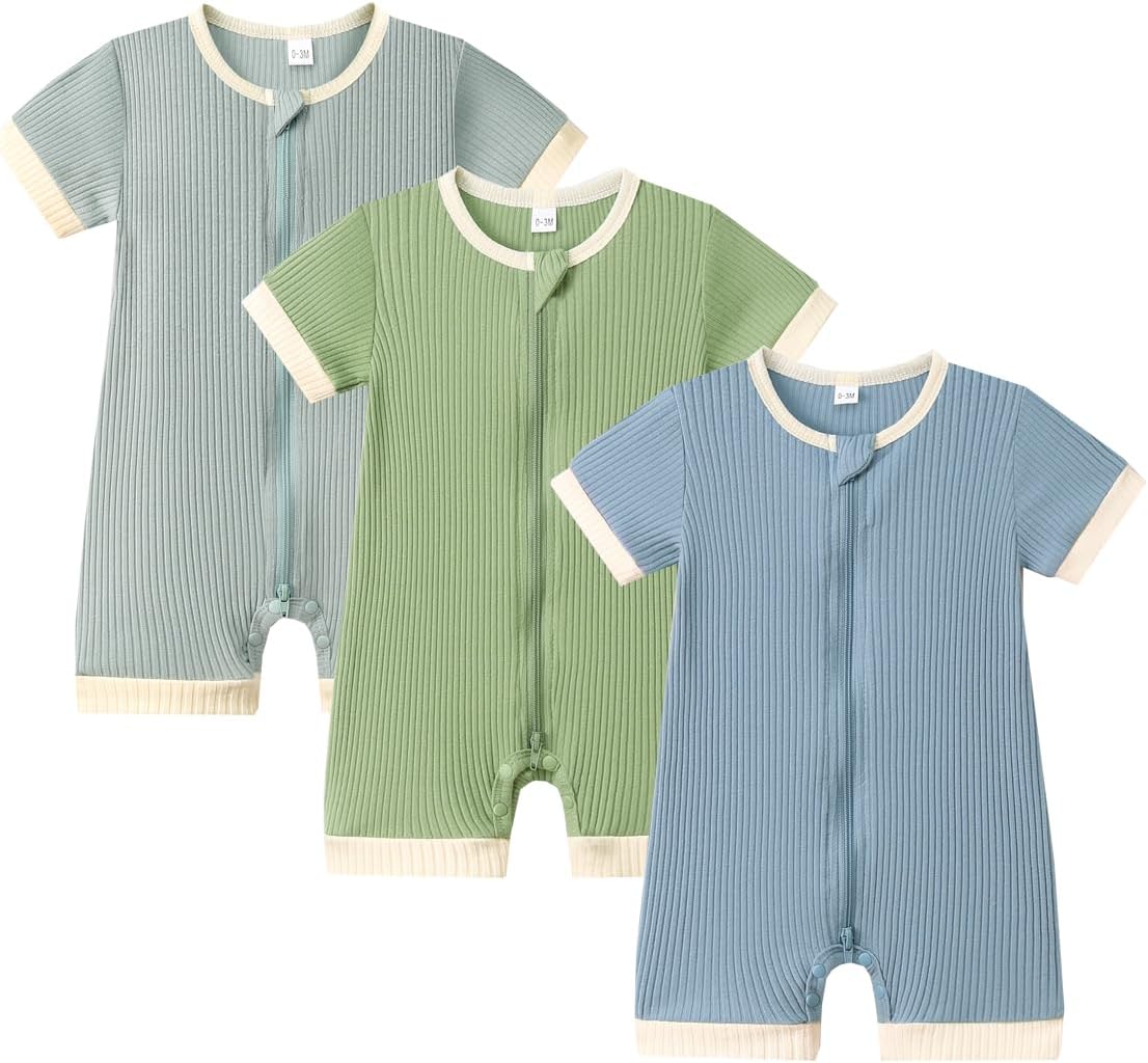 Bafeicao Unisex Baby Boy Girl 2 Pack Rompers Short Sleeve 2 Way Zipper One Piece Jumpsuits Clothes Sets