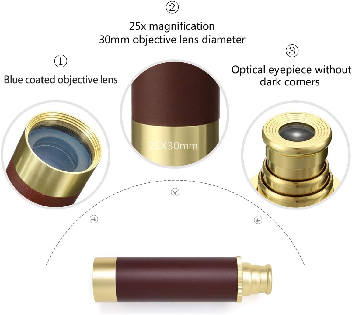 Pirate Monocular Telescope for Kids & Adults, Handheld Collapsible Brass Telescope 25x30 Zoomable Portable Pirate Spyglass for Cruise Ship Travel Watching Games Hiking Hunting and More