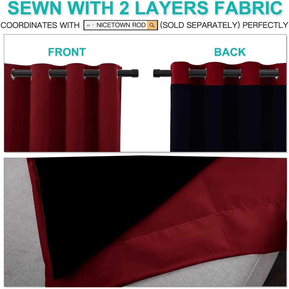 NICETOWN 100% Blackout Curtains with Black Liner Backing, Thermal Insulated Curtains for Living Room, Noise Reducing Drapes for Christmas, Burgundy Red, 70 inches x 84 inches Per Panel, Set of 2