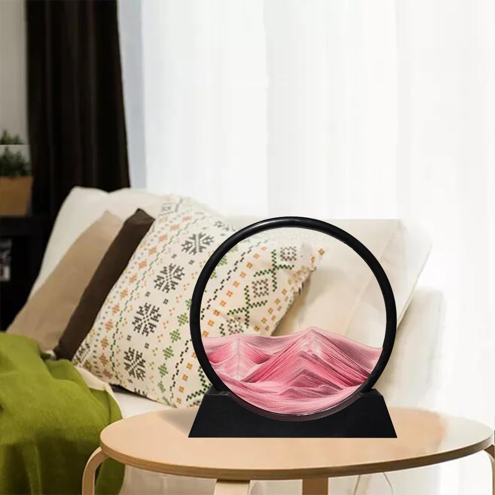 Aoderun Moving Sand Art Picture Round Glass 3D Deep Sea Sandscape in Motion Display Flowing Sand Frame Relaxing Desktop Home Office Work Decor (12", Pink)