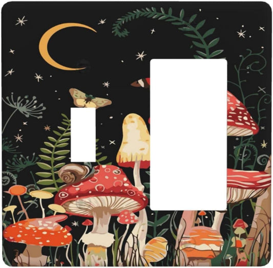 Moon Star Red Mushroom Forest Butterfly Green Plant Outlet Covers 1 Toggle 1 Rocker Combination Decorative Wall Plate Electrical Switch Plates Light Switch Cover Plate for Kids Room Home Decor