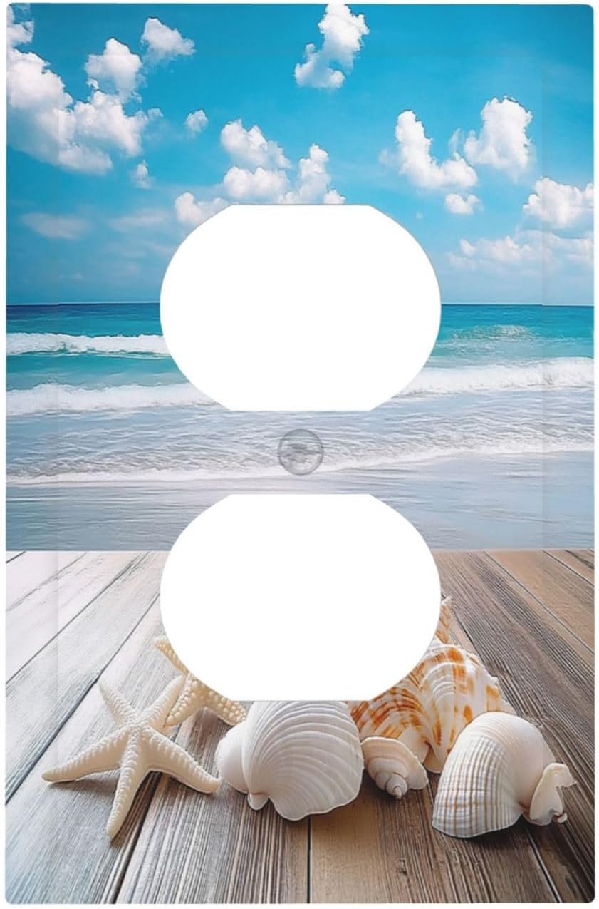 Outlet Covers Beach Waves Brown Wood Starfish Shells 1 Gang Duplex Light Switch Cover Decorative Switch Plates Electrical Receptacle Faceplate Wall Plate For Bathroom Living Room