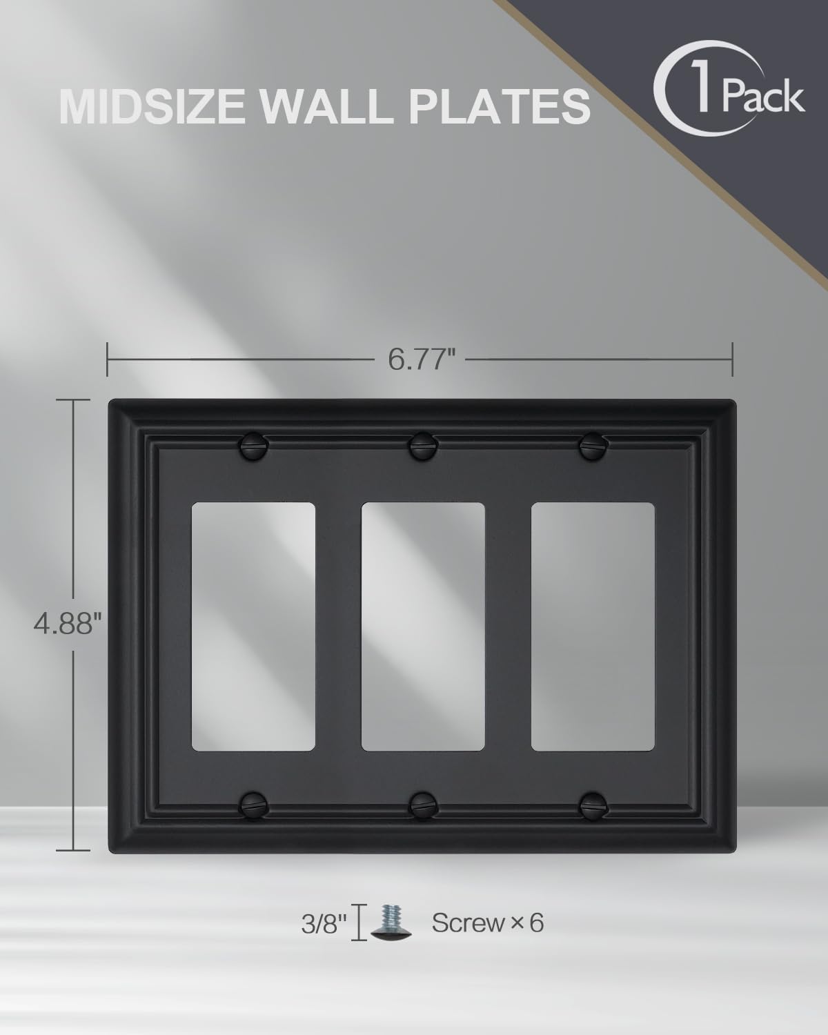 1-Pack Black Triple Decorator Outlet Covers, 3 Gang Wall Plates for Receptacle, GFCI Outlet, Dimmer Switch, Durable Metal, 6.77''*4.88'', Midsize