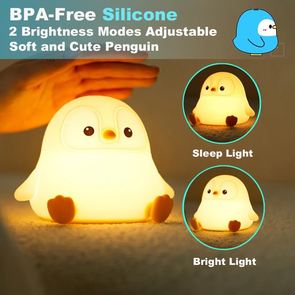 Cute Penguin Night Light for Kids Bedroom, Animal Silicone Nursery Night Lamp Touch Control Nightlights USB Rechargeable Bedside Lamp for Baby Children Toddlers Girls Gift