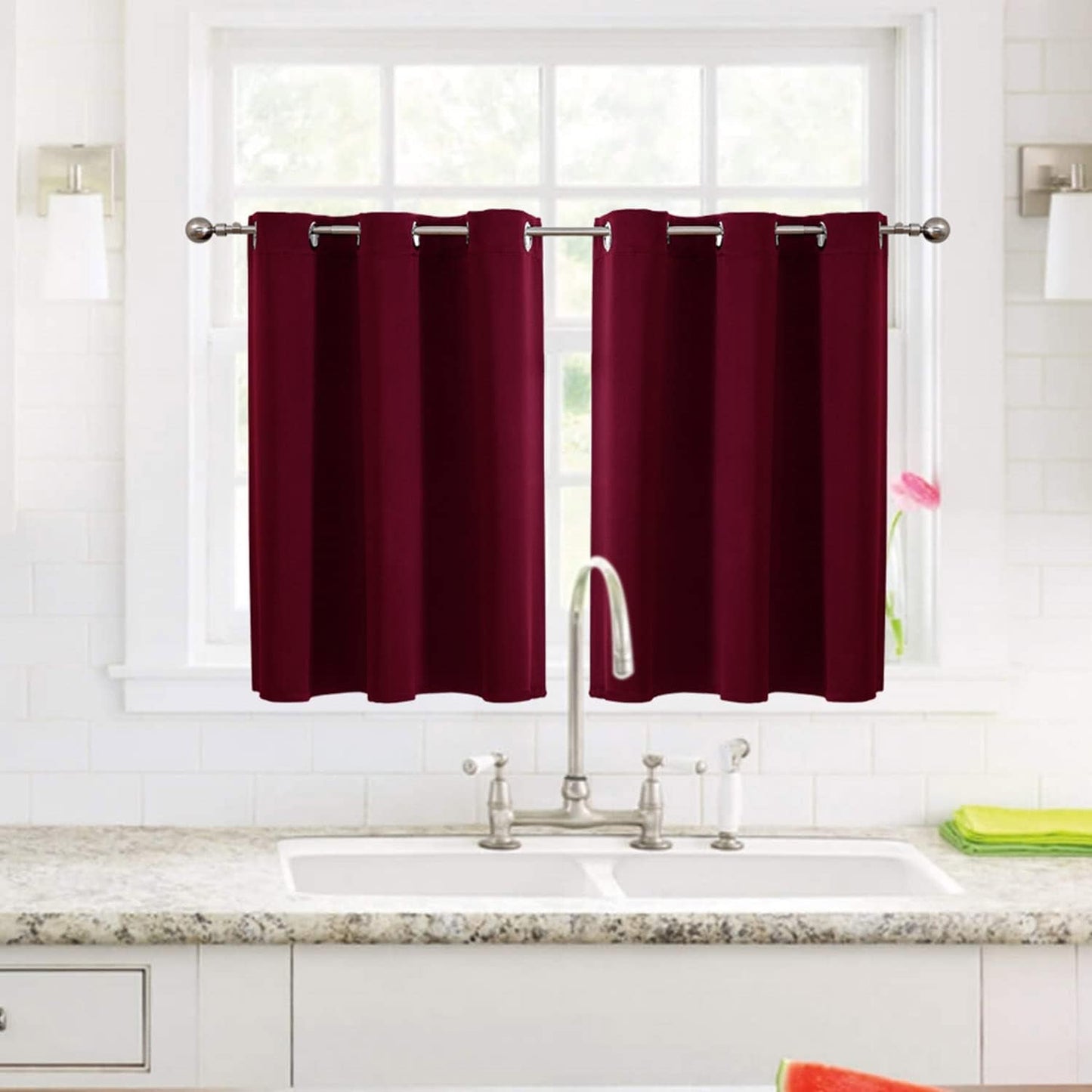 ChrisDowa Small Window Curtains for Kitchen and Bedroom - Grommet Short Thermal Insulated Room Darkening Curtains (2 Panels, Burgundy Red, 52 x 36 Inch)