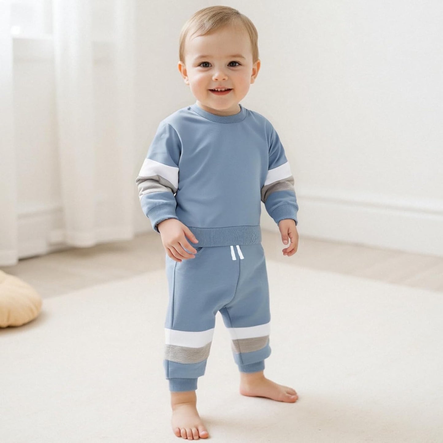 Kupretty Toddler Baby Boy Fall Winter Clothes Color Block Long Sleeve Sweatshirt Pullover Tops + Joggers Pants Outfit Set