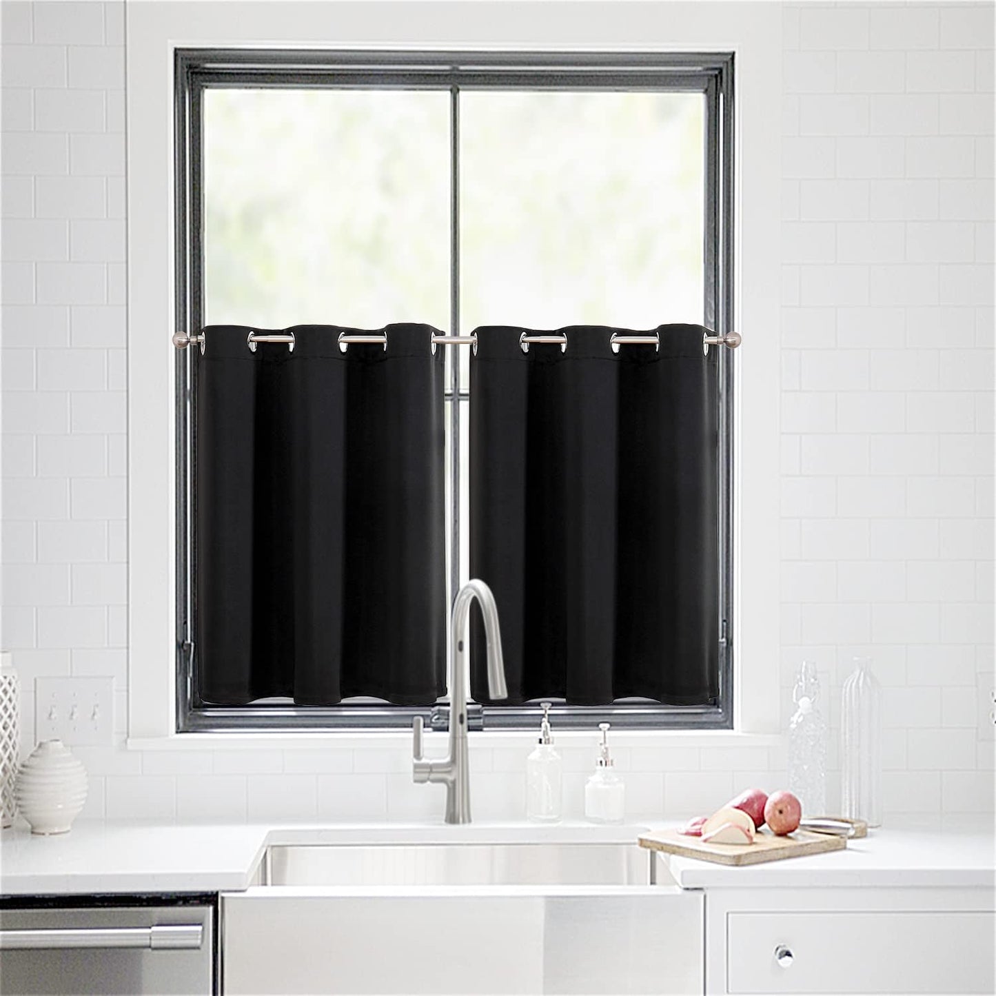 ChrisDowa Small Window Curtains for Kitchen and Bedroom - Grommet Short Thermal Insulated Room Darkening Curtains (2 Panels, Black, 42 x 36 Inch)