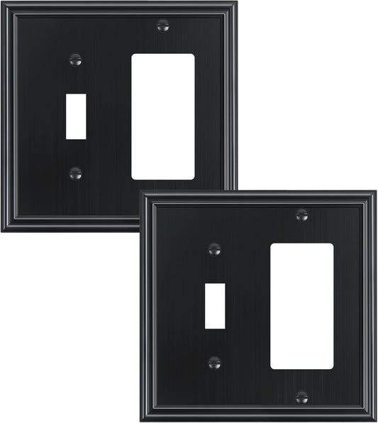2-Pack Combo Toggle/Decorator Light Switch Cover Plate, Black Decorative Electrical Outlet Covers, Durable Solid Zinc Alloy Wall Switch Plates and Outlet Covers