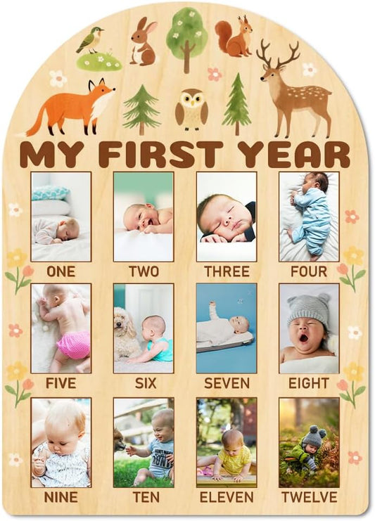 ORIGACH My First Year Baby Growth Photo Display Wood Board - 12 Months Newborn Milestones Photo Board - Neutral Baby Keepsake Board 1st Birthday Party Nursery Decor - Forest Animal & Flower