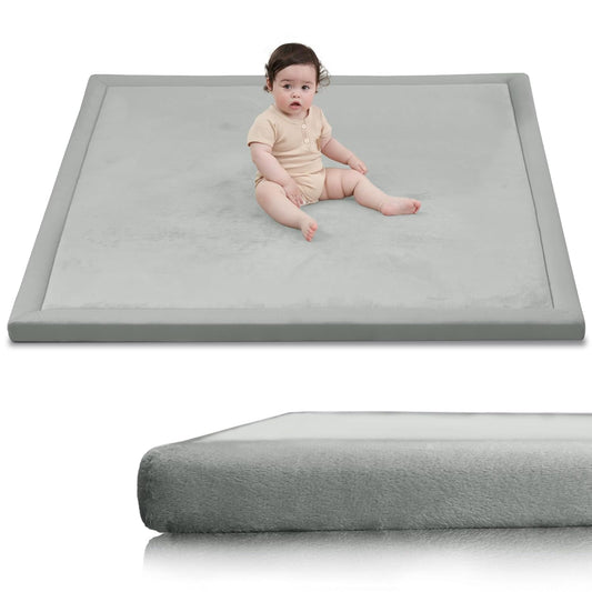 Baby Play Mat for Floor,1.3" Thick Elasti-Foam 50x50 Playpen Mat for Toddlers Infant Kids,Water-Repellent Soft Coral Velvet Tummy Time Mat,Non Slip Crawling Mat,Tatami Mat(Light Grey)