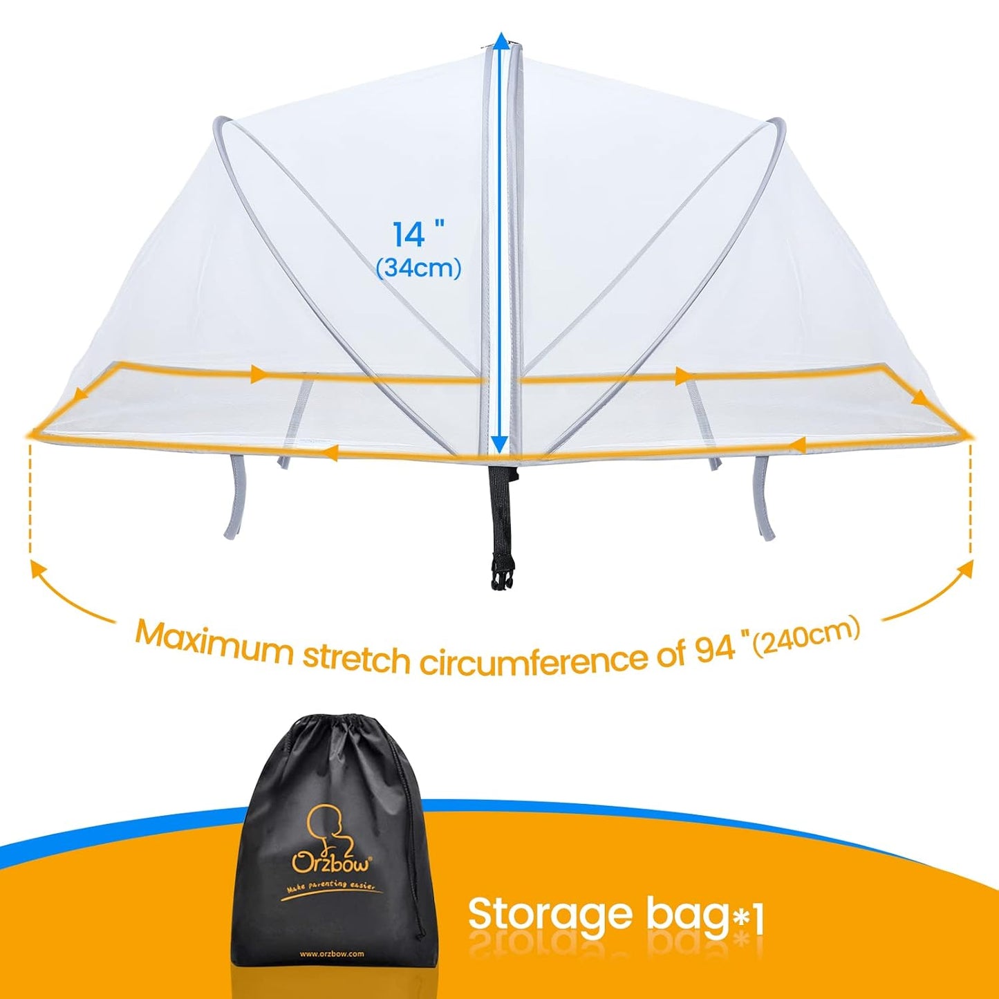 Orzbow Universal Mosquito Net for Stroller, Baby Bug Net with Two-Way Zippers & Storage Bag, Breathable & Foldable Mosquito Nets for Strollers, Car Seat, Bassinet, Cradle, Portable Mini Crib, Grey