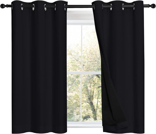 NICETOWN Black 100% Blackout Curtains 45 inches Length, 2 Thick Layers Completely Blackout Window Treatment Thermal Insulated Lined Drapes for Basement Window (1 Pair, 42 inches Width Each Panel)