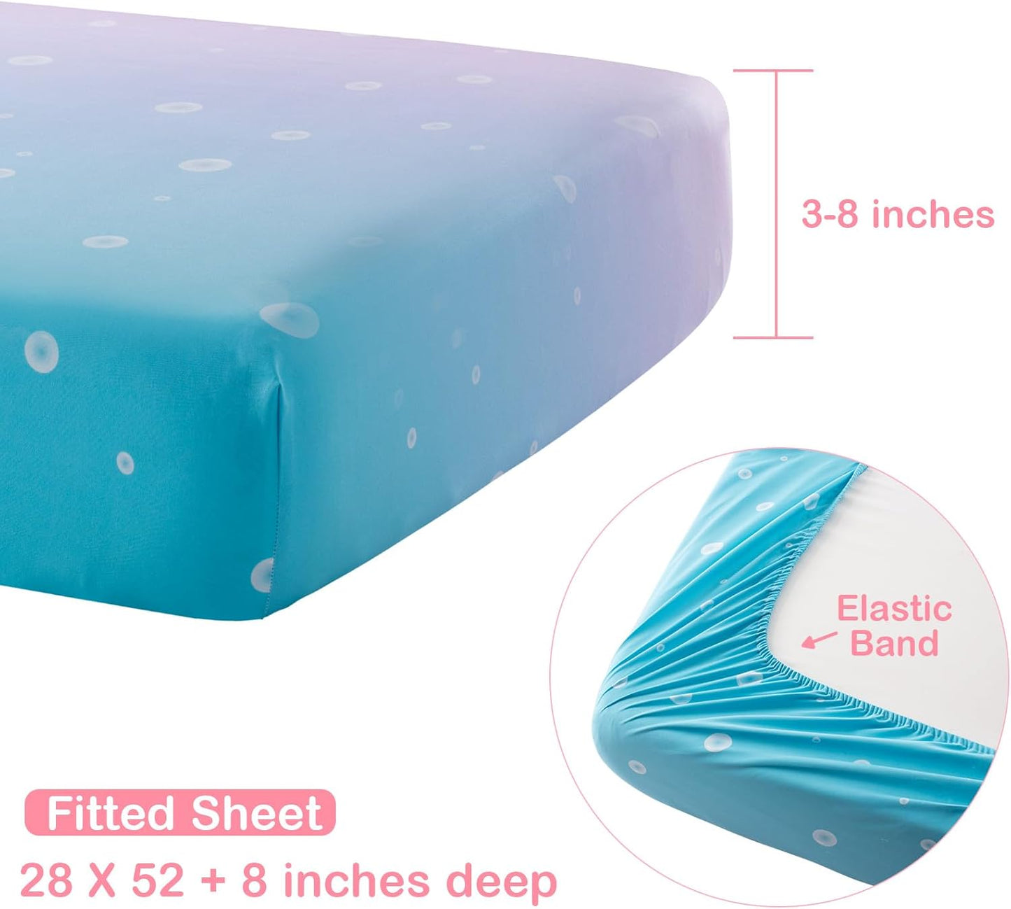 4 Piece Crib Bedding Set for Boys Girls, Infant Toddler Nursery Baby Bedding Sets Includes Cartoon Quilt, Fitted Crib Sheet, Crib Skirt and Plush Mermaid Toy