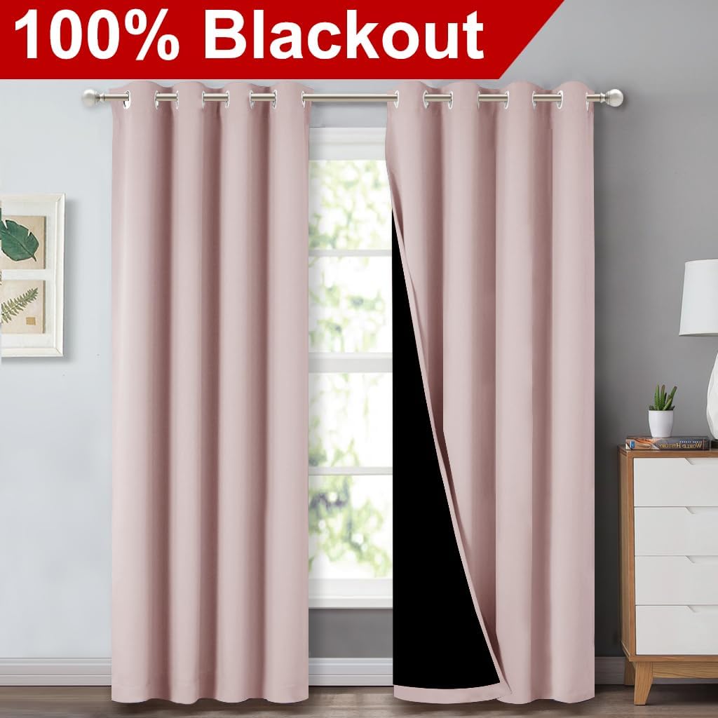 NICETOWN 100% Blackout Window Curtain Panels 84" Long, Blush Pink, 2 Pieces, 52 inches Wide Each Panel, Heat and Cold Blocking Drapes with Black Liner for Nursery, Thermal Insulated Draperies