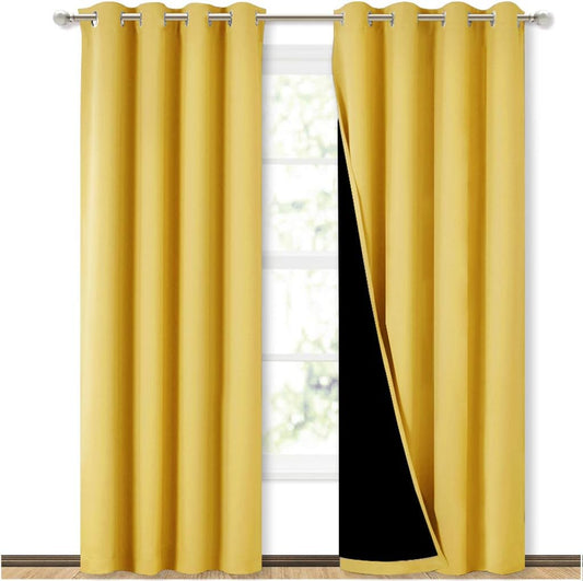 NICETOWN Blackout Window Curtain Panels, Heat and Cold Blocking Drapes for Nursery, 84 inches Drop Thermal Insulated Draperies for Patio Sliding Glass Door (Bright Yellow, 2 Pieces, 52 inches Wide)