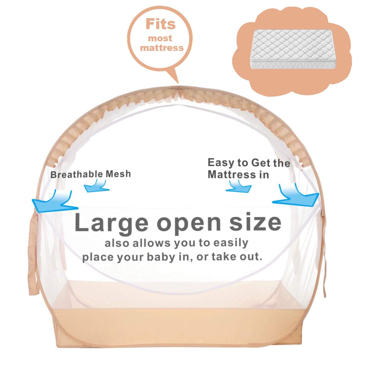 Baby Safety Crib Tent Infant Pop up Mosquito Net Nursery Bed Canopy Netting Cover - Keep Baby from Climbing Out with Hanging Diaper Storage Bag (Beige)