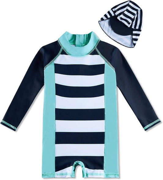 uideazone Baby Boys One Piece Swimsuit Long Sleeve UPF 50+ Rash Guard Bathing Suit Swimwear with Sun Hat 0-24 Months