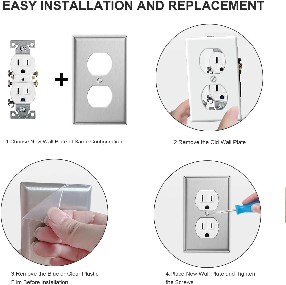 4-Pack Single Duplex Wall Switch Plate Outlet Cover - Stainless Steel Decorator Receptacle Outlet Plate Covers - Brushed Finish - Silver