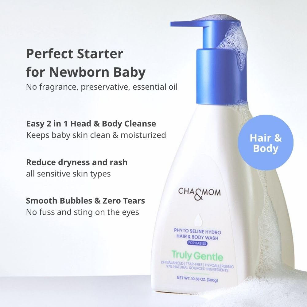 Cha&Mom Head-to-toe Korean Baby Skincare - Hypoallergenic, Plant Based, and Natural Hair & Body Wash, 10.58oz