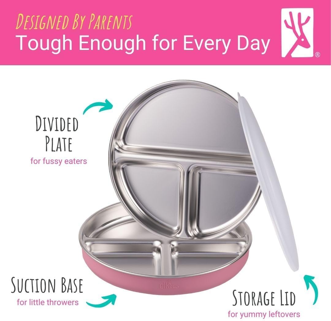 Elk and Friends Stainless Steel Divided Plates with Silicone Sleeve for Babies & Toddlers | Lids Included | Stay Put Suction | Dinner & Snack Plates | 2 Pack