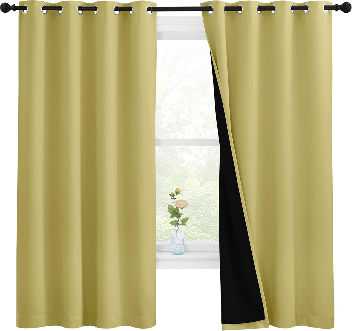 NICETOWN 100% Blackout Curtains with Black Liners, Thermal Insulated Full Blackout 2-Layer Lined Drapes, Energy Efficiency Window Draperies for Bedroom (Paler Yellow, 2 Panels, 55-inch W by 68-inch L)