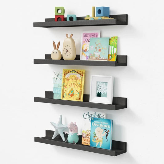 Forbena 24 Inch Long Picture Ledge Shelf Set of 4, Black Wood Floating Shelves for Wall with Lip, Rustic Display Shelves for Living Room Hallway Bedroom Office Photo Frames Bathroom Nail Polish