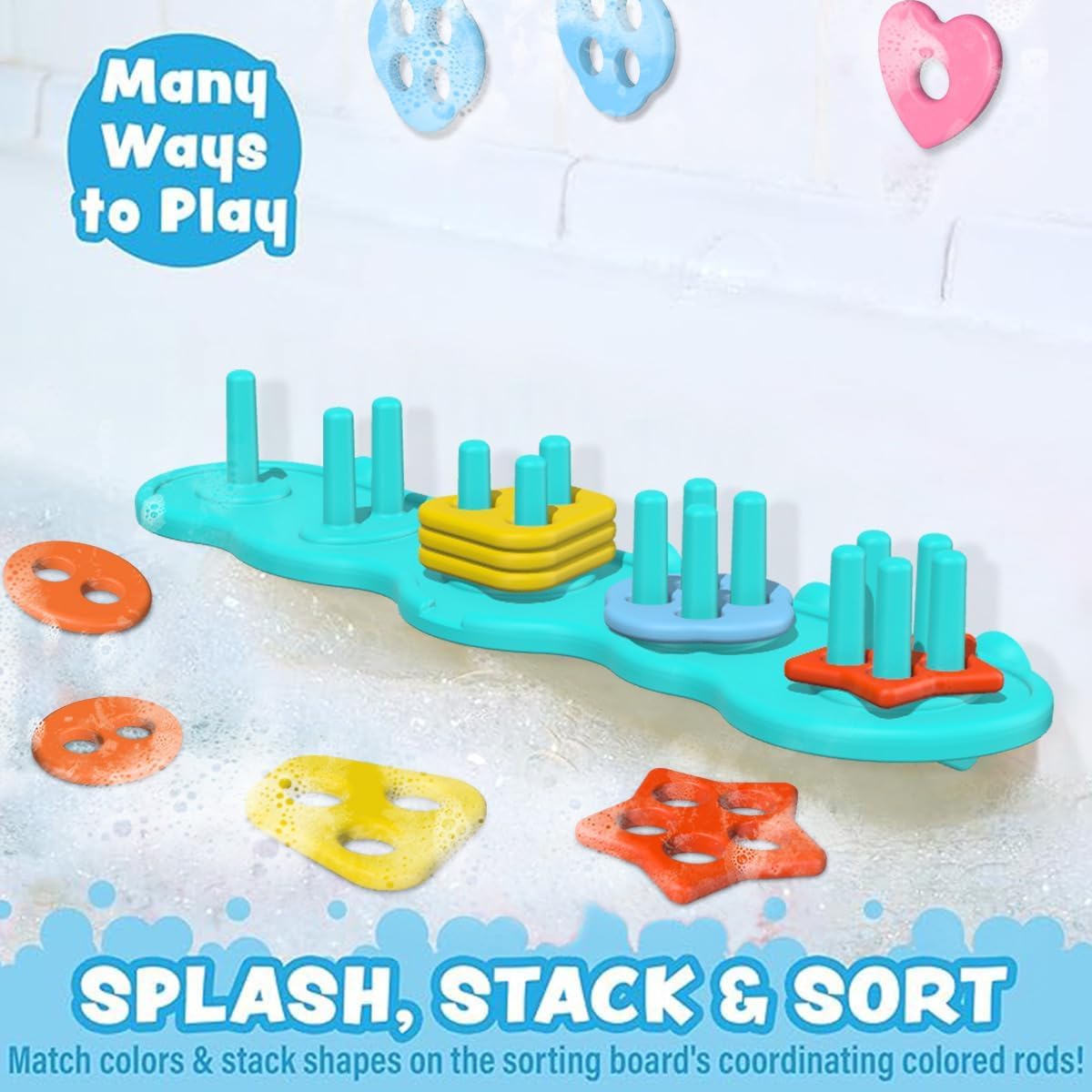 Baby Bath Toys, Sorting & Stacking Toy Bath Toy, Shape Sorter Toys for Bathtub,Stacking Bath Toy Set with 20 Textured Floating Pieces, Toddler Early Learning Bathtub Fun