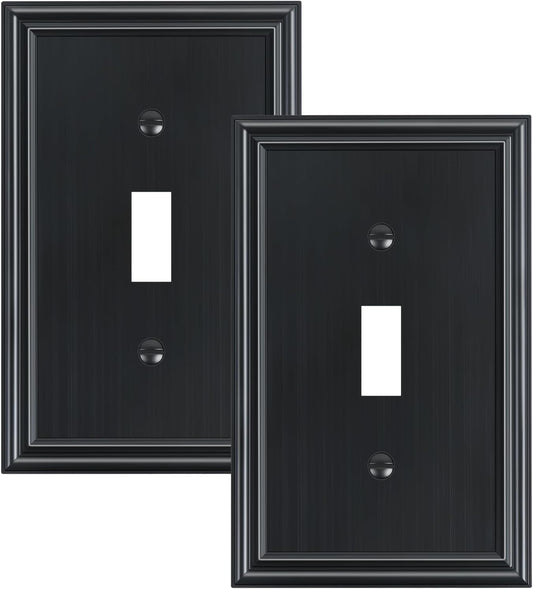 2-Pack Single Toggle Light Switch Cover Plate, Durable Solid Zinc Alloy Decorative Switch Plate Covers, Black 1 Gang Wall Plate, Corrosion Resistant