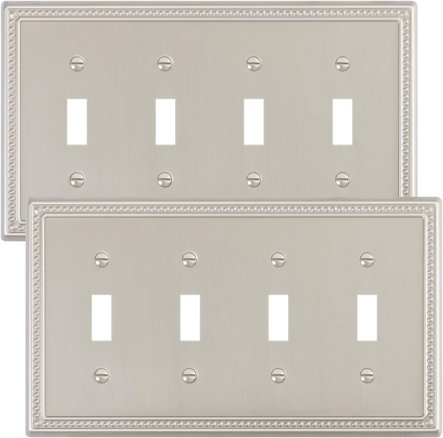 2-Pack Quad Toggle Light Switch Cover Plate, 4 Gang Metal Switch Plate Covers, Brushed Nickel Pearls Decorative Wall Plate, Corrosion Resistant