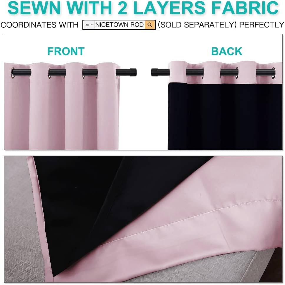 NICETOWN 100% Blackout Window Panel Curtains, Full Light Blocking Drapes with Black Liner for Nursery, 72 inches Drop Thermal Insulated Draperies (Lavender Pink, 2 Pieces, 52 inches Wide Per Panel)