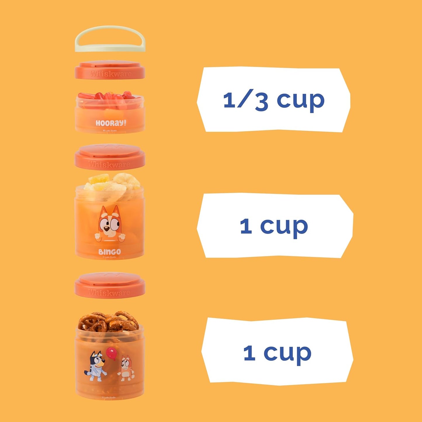 Whiskware Bluey Stackable Snack Containers for Kids and Toddlers, 3 Stackable Snack Cups for School and Travel, Bluey and Bingo, Hooray!