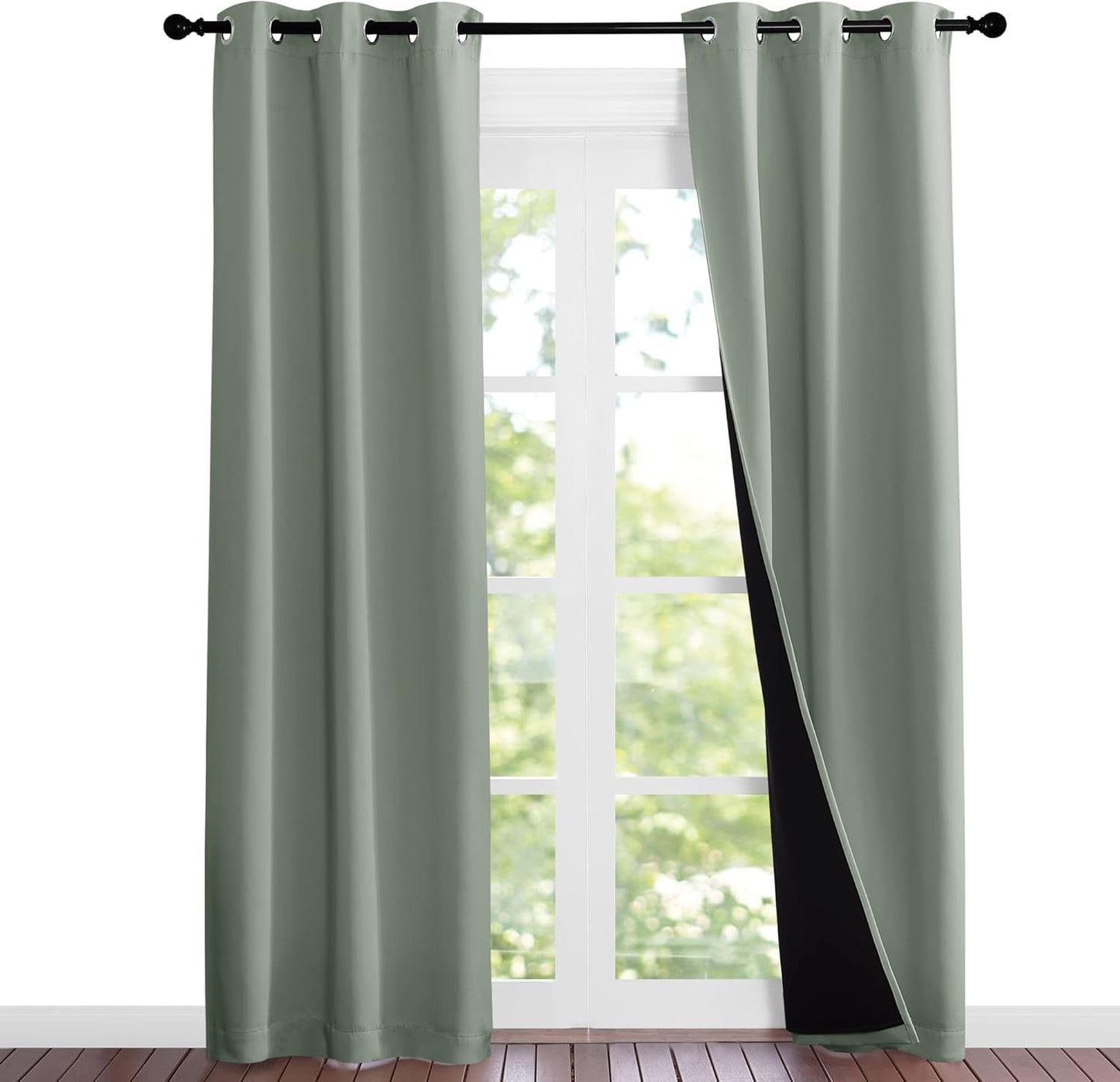 NICETOWN Greyish Green Blackout Curtains 84 inches Long, Full Light Blocking Drapes with Black Liner for Nursery, Noise Reducing Thermal Insulated Draperies for Doorway (2 Pieces, 37" Wide per Panel)