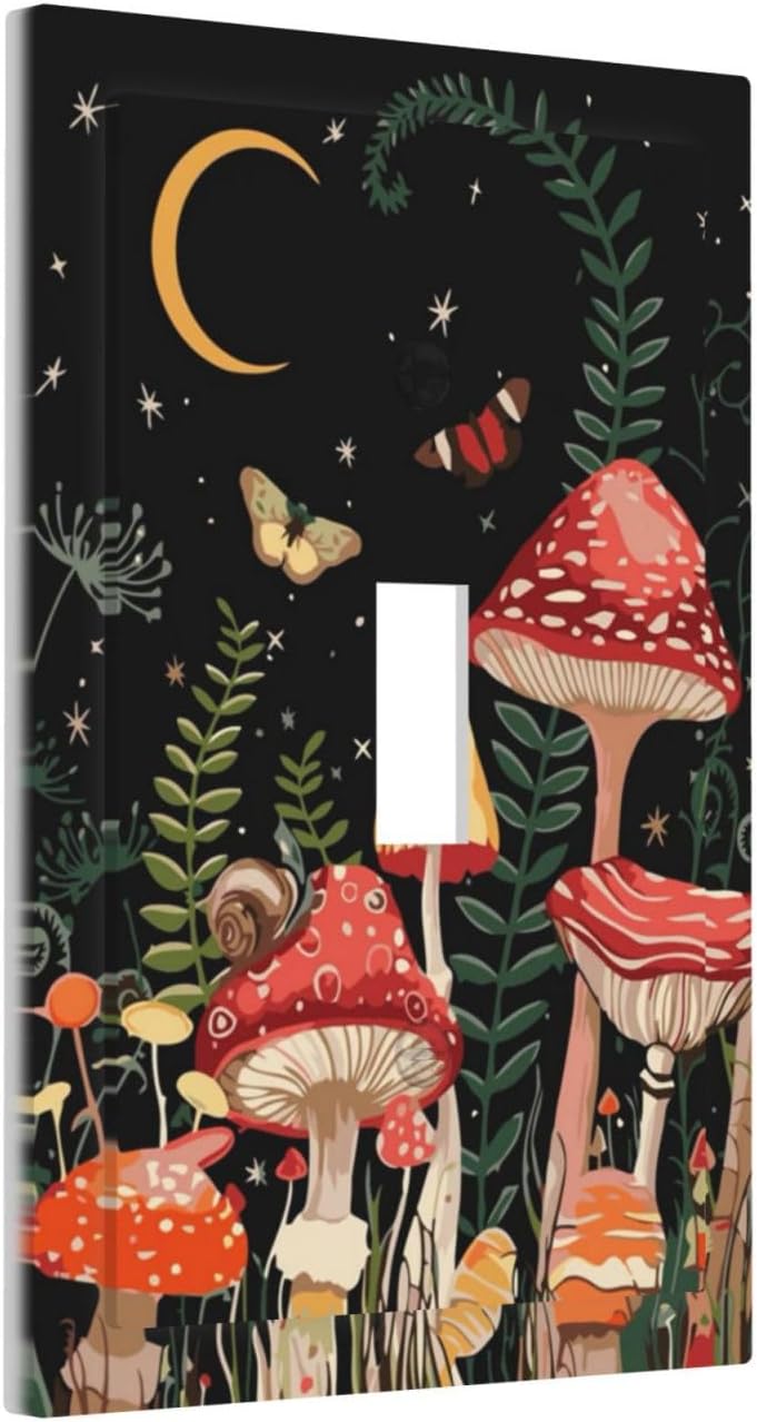 Moon Star Red Mushroom Forest Butterfly Green Plant Decorative Light Switch Cover 1 Gang Single Toggle Device Electrical Faceplate Switchplates Decorator Outlet Wall Plate for Kids Room Home Decor