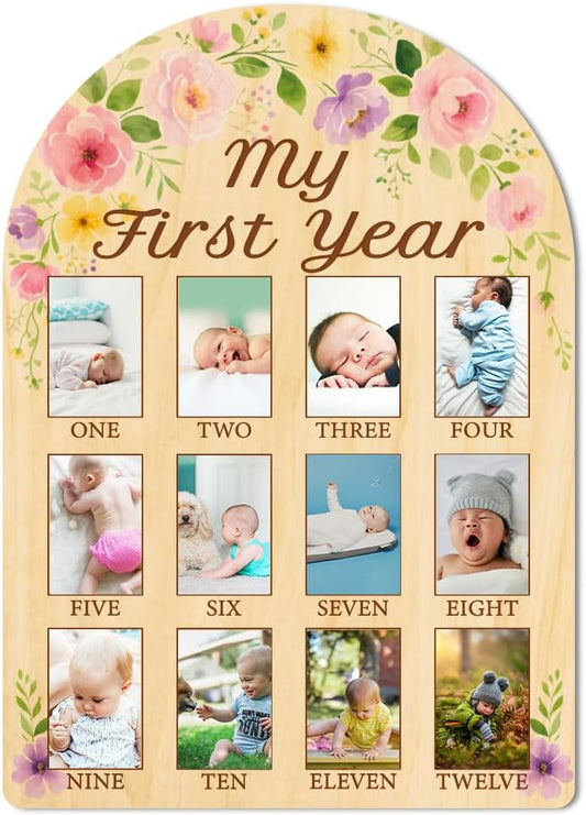 ORIGACH My First Year Baby Growth Photo Display Wood Board - 12 Months Newborn Milestones Photo Board - Neutral Baby Keepsake Board 1st Birthday Party Nursery Decor New Mom Gift - Flower