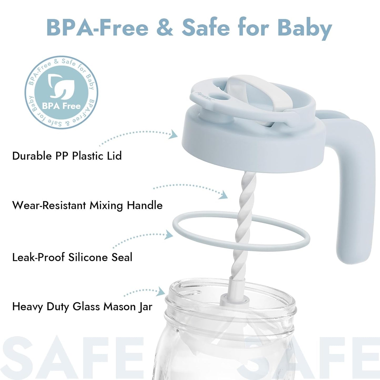 Papablic Glass Breastmilk Pitcher, Formula Mixing Pitcher with Mixing Handle Lid, Wide Mouth Mason Jar Mixer with Flip Locking Spout, Easy to Clean, BPA Free, Blue