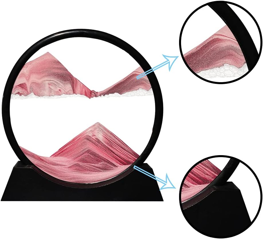 Aoderun Moving Sand Art Picture Round Glass 3D Deep Sea Sandscape in Motion Display Flowing Sand Frame Relaxing Desktop Home Office Work Decor (12", Pink)