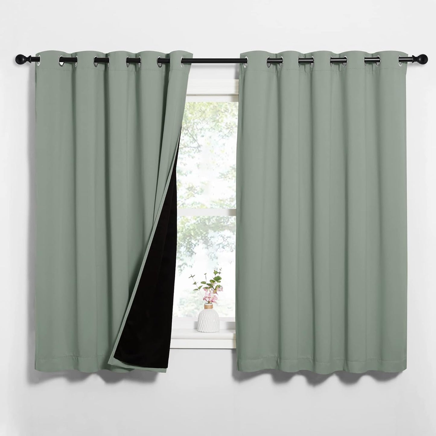 NICETOWN Greyish Green 100% Blackout Lined Curtains, 2 Thick Layers Completely Blackout Window Treatment Thermal Insulated Drapes for Kitchen/Bedroom (1 Pair, 62" Width x 63" Length Each Panel)