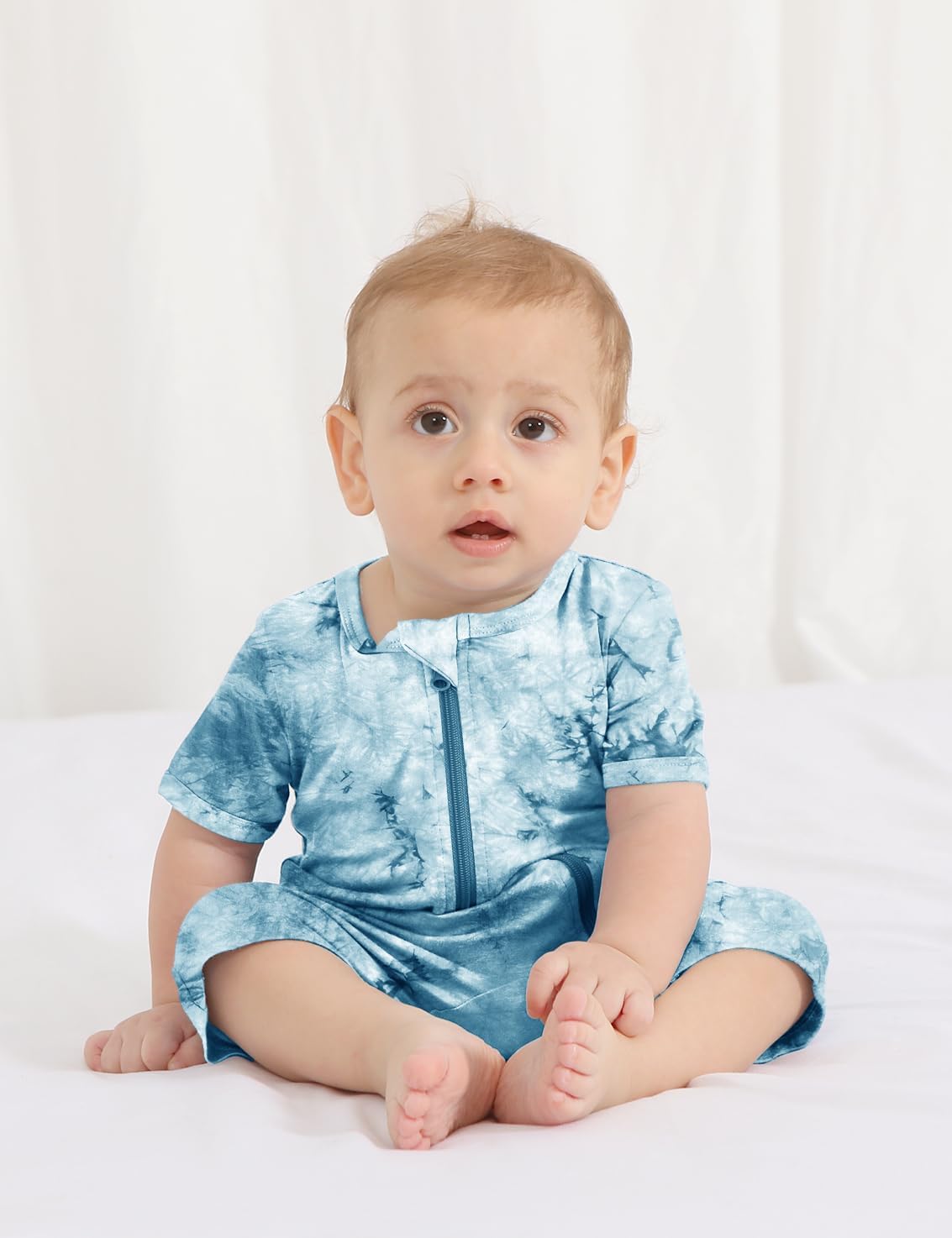 Jimonda Baby Girl Boys Rayon From Bamboo Pajamas 3 Pack Short Sleeve Footless Romper 2 Way Zipper Tie Dye Pjs Sleeper 0-24M