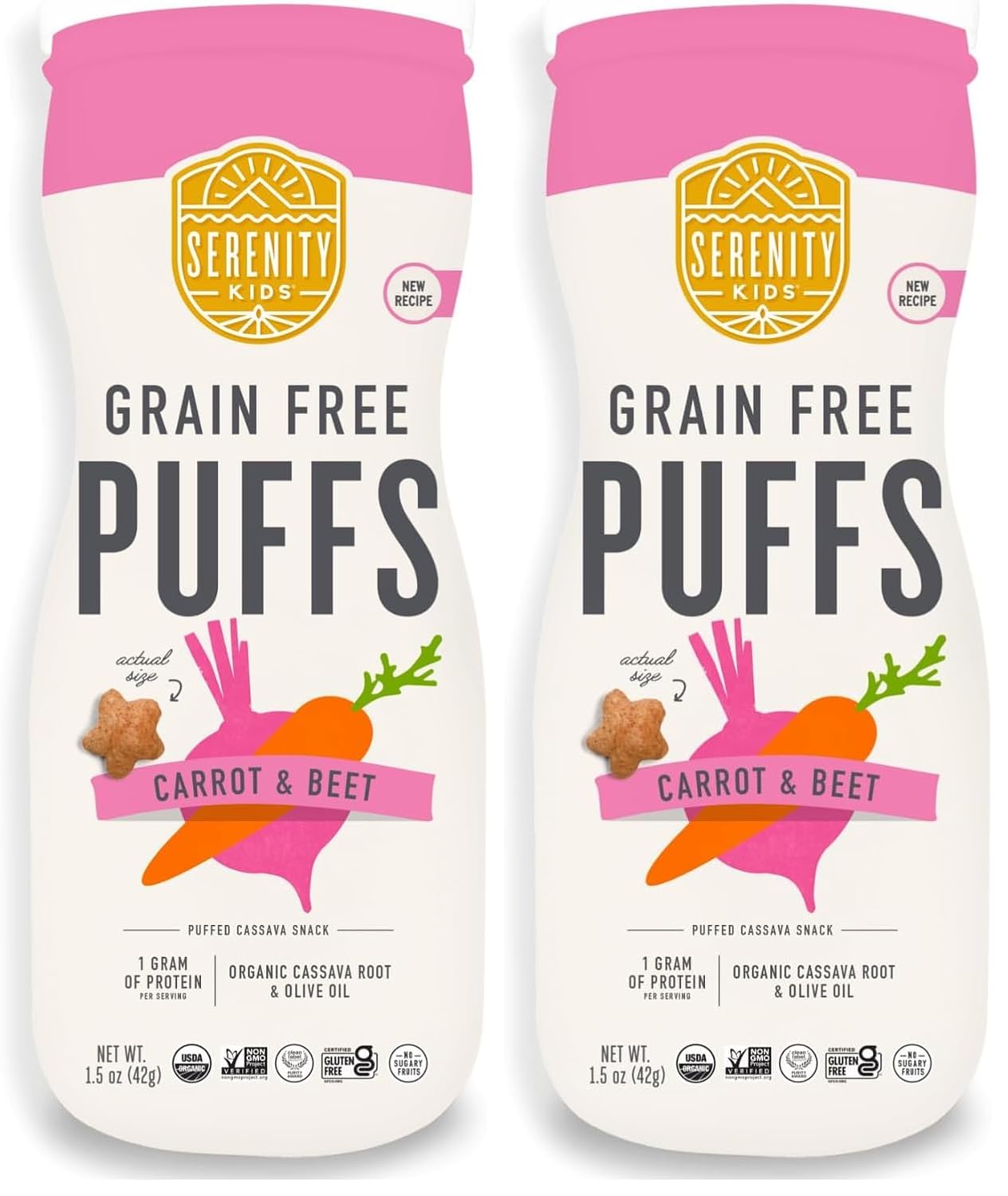 Serenity Kids 6+ Months Grain Free Puffs Toddler & Baby Snack | No Added Sugar, Gluten & Rice Free, Allergen Free | Made with Organic Cassava, Veggies, and Herbs | Carrot & Beet | 1 Count (Pack of 2)