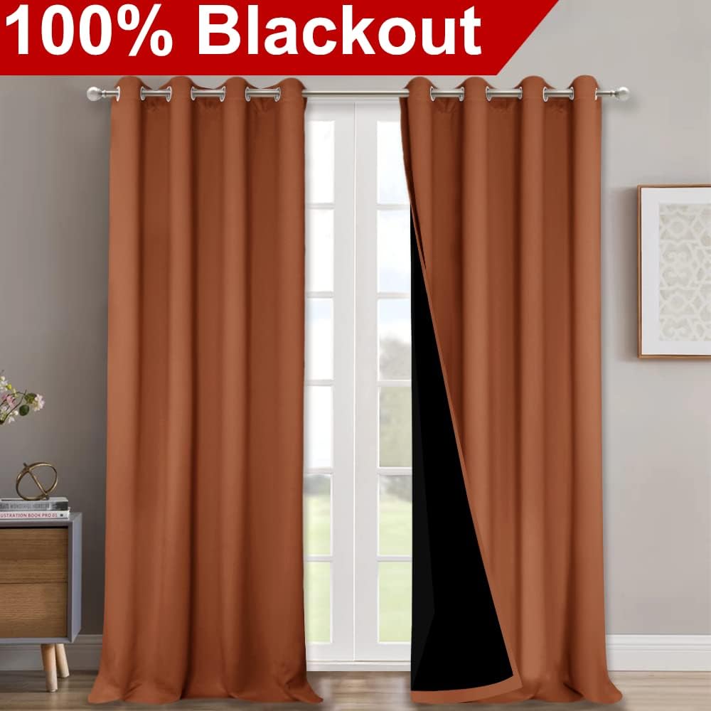 NICETOWN Burnt Orange 100% Blackout Curtains for Windows, Super Heavy-Duty Black Lined Total Darkness Drapes for Bedroom, Privacy Assured Window Treatment for Patio (2 PCs, 52 inches W x 108 inches L)