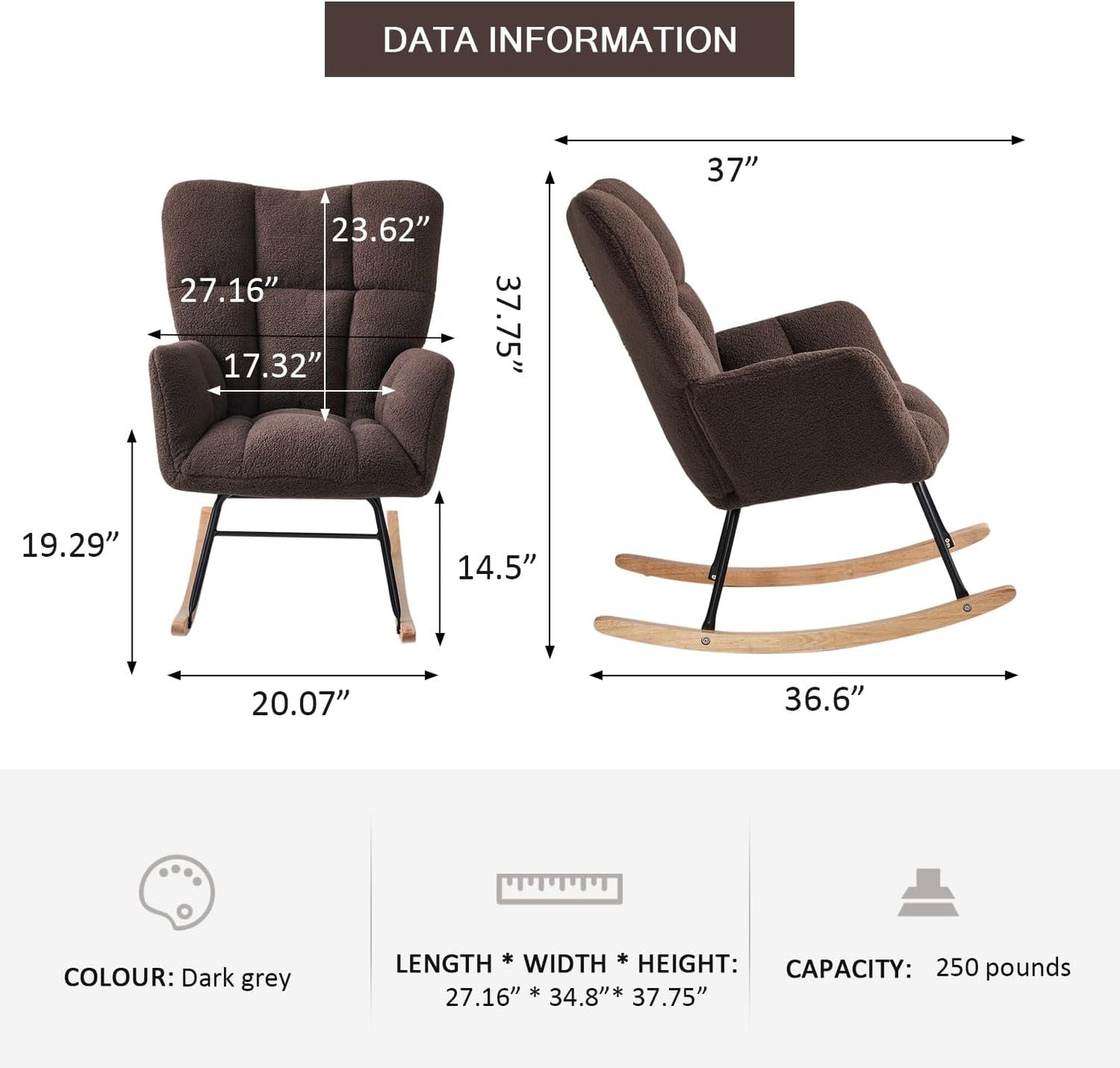 Nursery Rocking Chair, Teddy Upholstered Glider Rocker with High Backrest Armchair, Modern Rocking Accent Chairs for Nursery, Living Room, Bedroom, Offices (Brown)