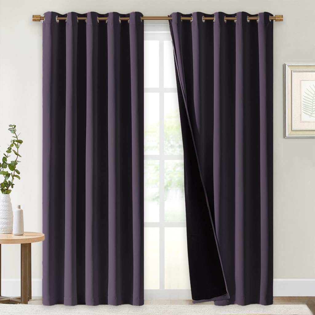 NICETOWN 100% Blackout Window Curtain Panels, Greyish Purple, 2 Pieces, 70" Wide Each Panel, Cold and Full Light Blocking Drapes with Black Liner for Nursery, 84" Drop Thermal Insulated Draperies