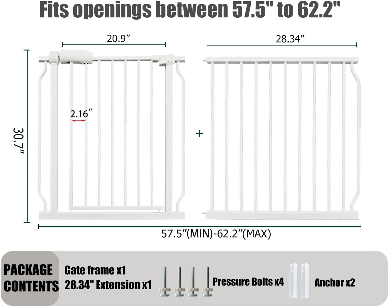 Extra Wide Baby Gate, 57.5-62 Inch - White Metal, Pressure Mounted Indoor Safety Gate, Walk-Through Dog Gate for Kids & Pets