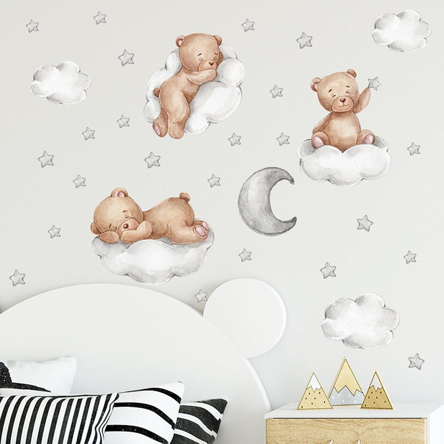 Tedy Bear Wall Decals, Cute Bear Sleeping on The Moon Cloud Stars Wall Stickers, Cartoon Tedy Bear Wall Decor for Baby Kids Baby Room Nursery Decor (Tedy-Bear)