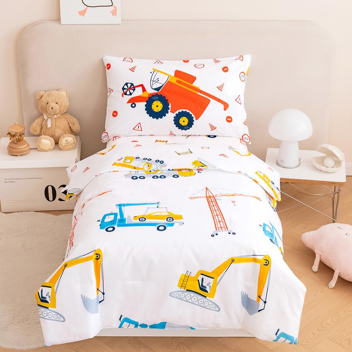 PERFEMET 4 Pieces Construction Toddler Bedding Set Excavator Truck Boy Toddler Bed in A Bag Colorful Reversible Cartoon Tractors White Crib Comforter Set for All Seasons(White, Truck/Tractor)