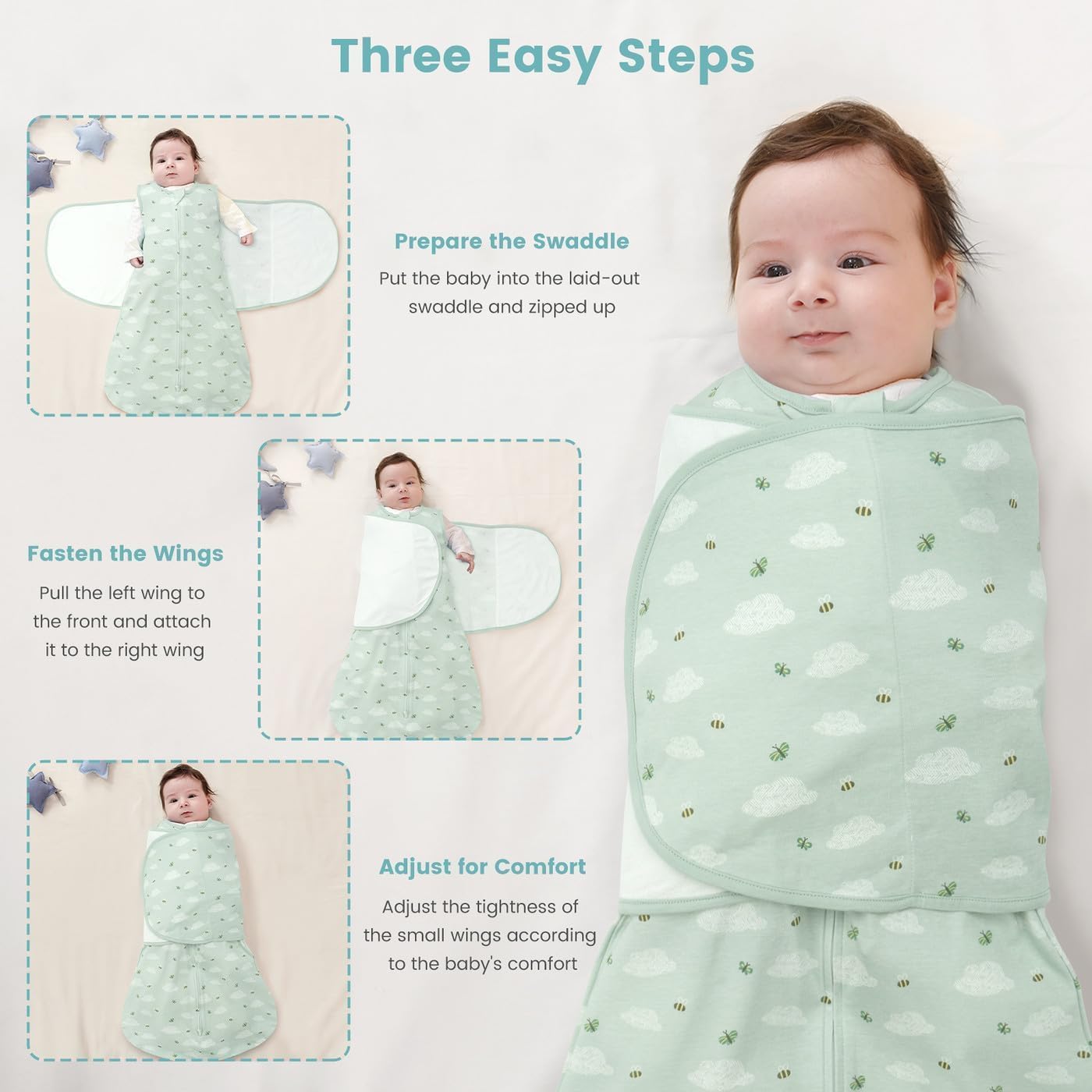 Baby Swaddle Sleep Sack 1.0 Tog 3-in-1 Baby Wearable Blanket 100% Cotton Swaddle Blanket Wrap for Newborns 6-12 Months