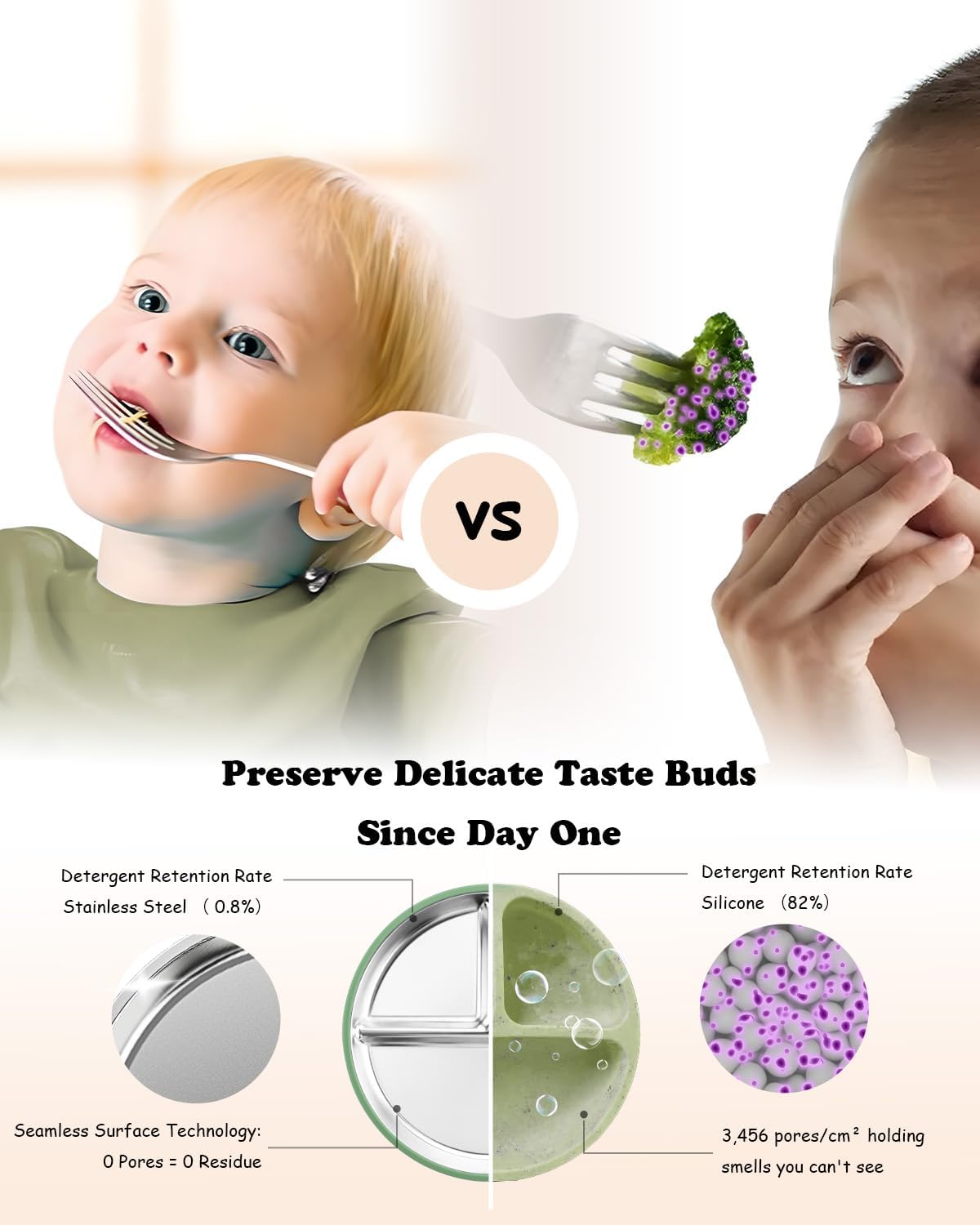 Stainless Steel Toddler Suction Plate with Lid, Deeper 9" Divided Plates with Removable Silicone Sleeves for Kids, Non Toxic & BPA Free | Unbreakable Baby Snack Dishes Set of 2, Green & Purple